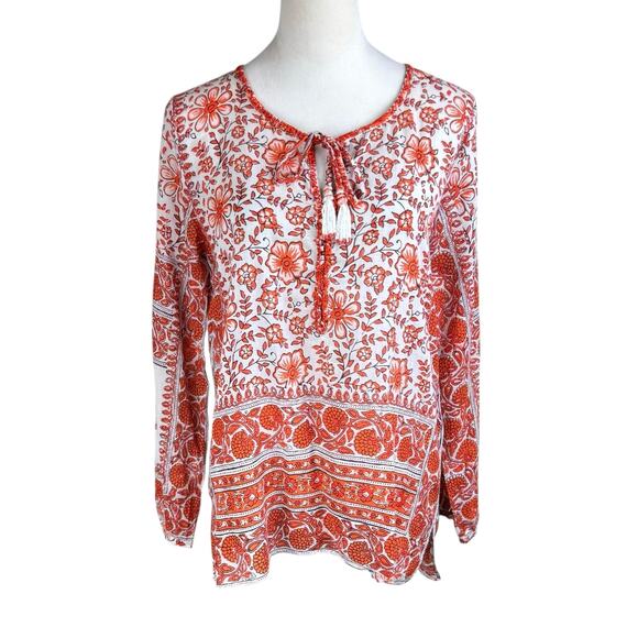 Calypso St. Barth Orange Floral Print Sheer Long Sleeve Tassel Tie Up Top - Picture 1 of 12